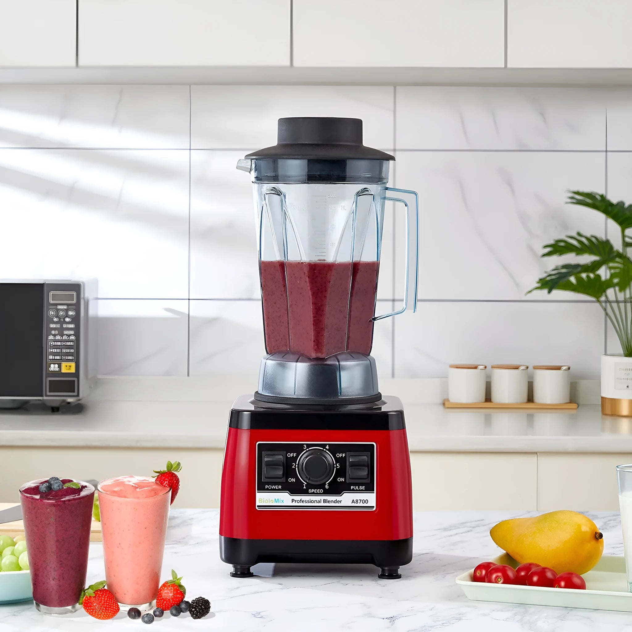Red commercial blender model A8700 with 2200W power and 2L capacity jug
