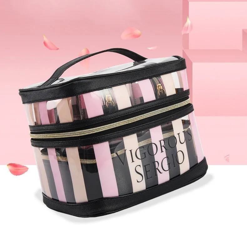 Pink bold stripes floral pattern folding makeup bag with synthetic leather waterproof construction
