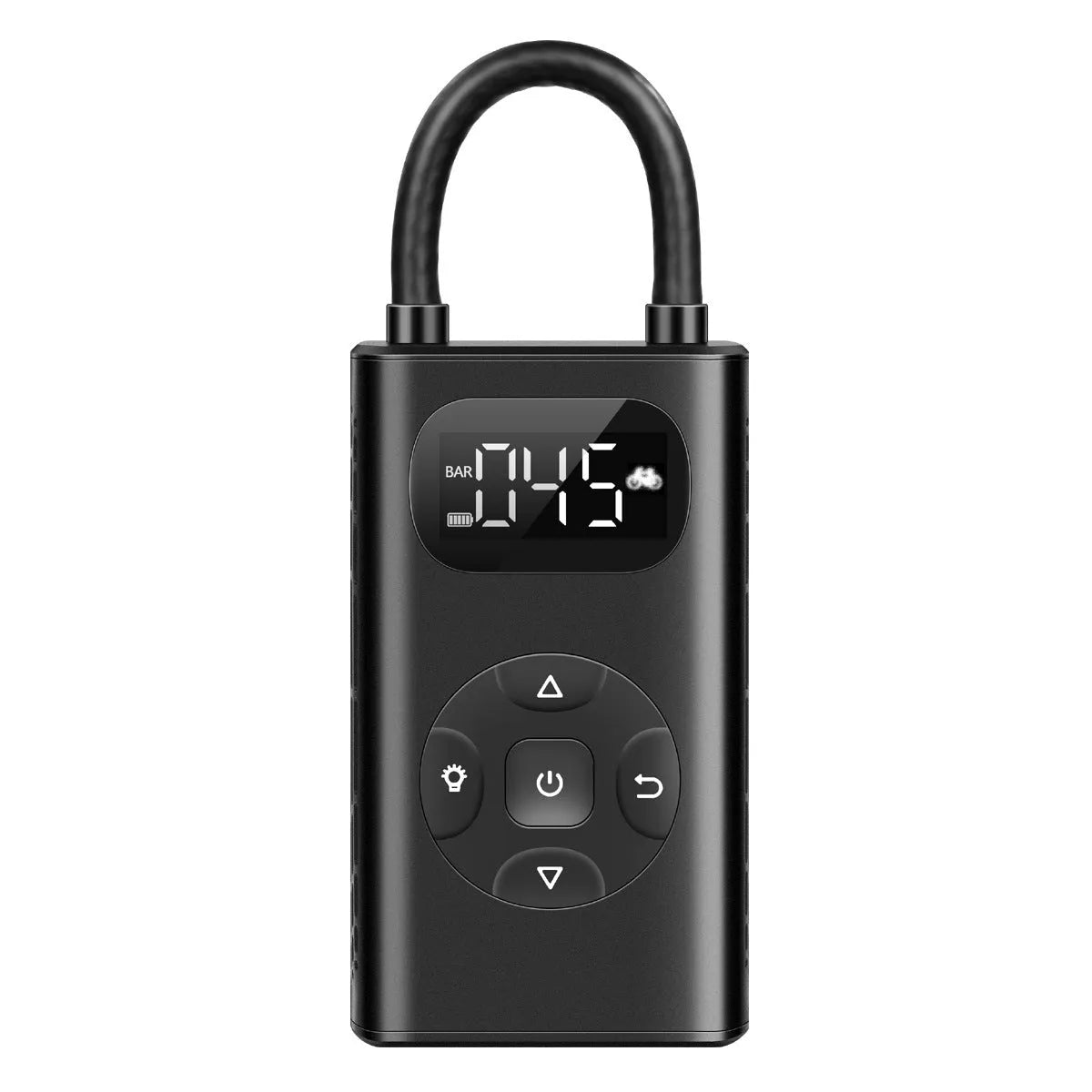 Black cuboid portable power bank tyre inflator with USB cable and extended inflation tube