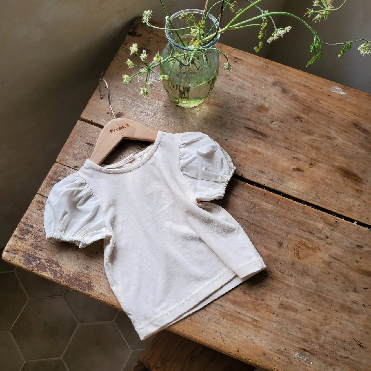 Girls cotton puff short sleeve top and lace strap romper two-piece set in apricot cotton fabric