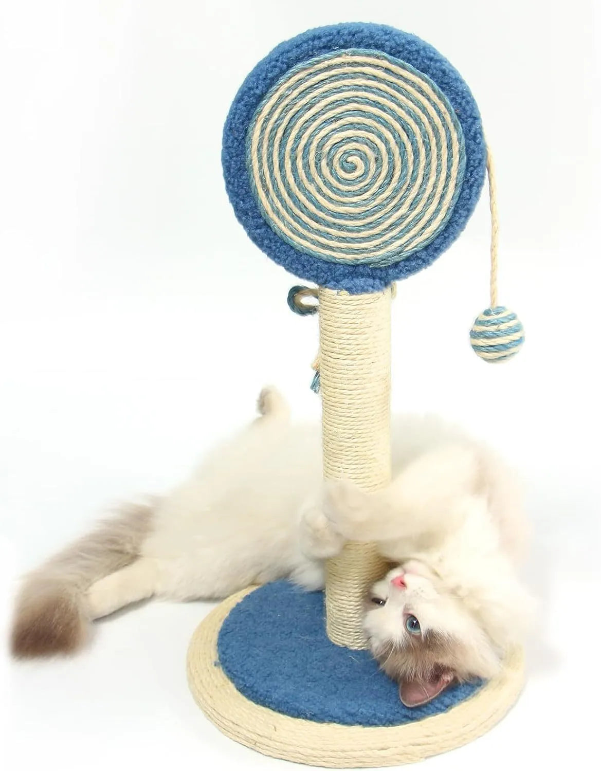Cat scratching post with hanging ball toy in natural sisal rope on wooden base