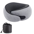 A U-shaped memory foam travel neck pillow in a modern design, shown with its storage bag.