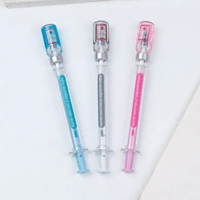 Vaccine design gel pen with plastic construction and 0.5mm black refill