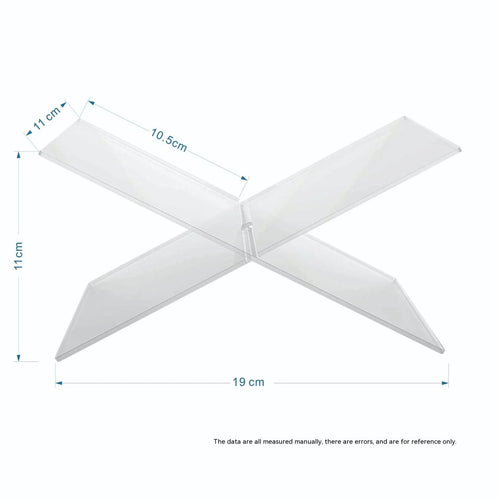 Clear acrylic X-shaped book display rack on desktop with books