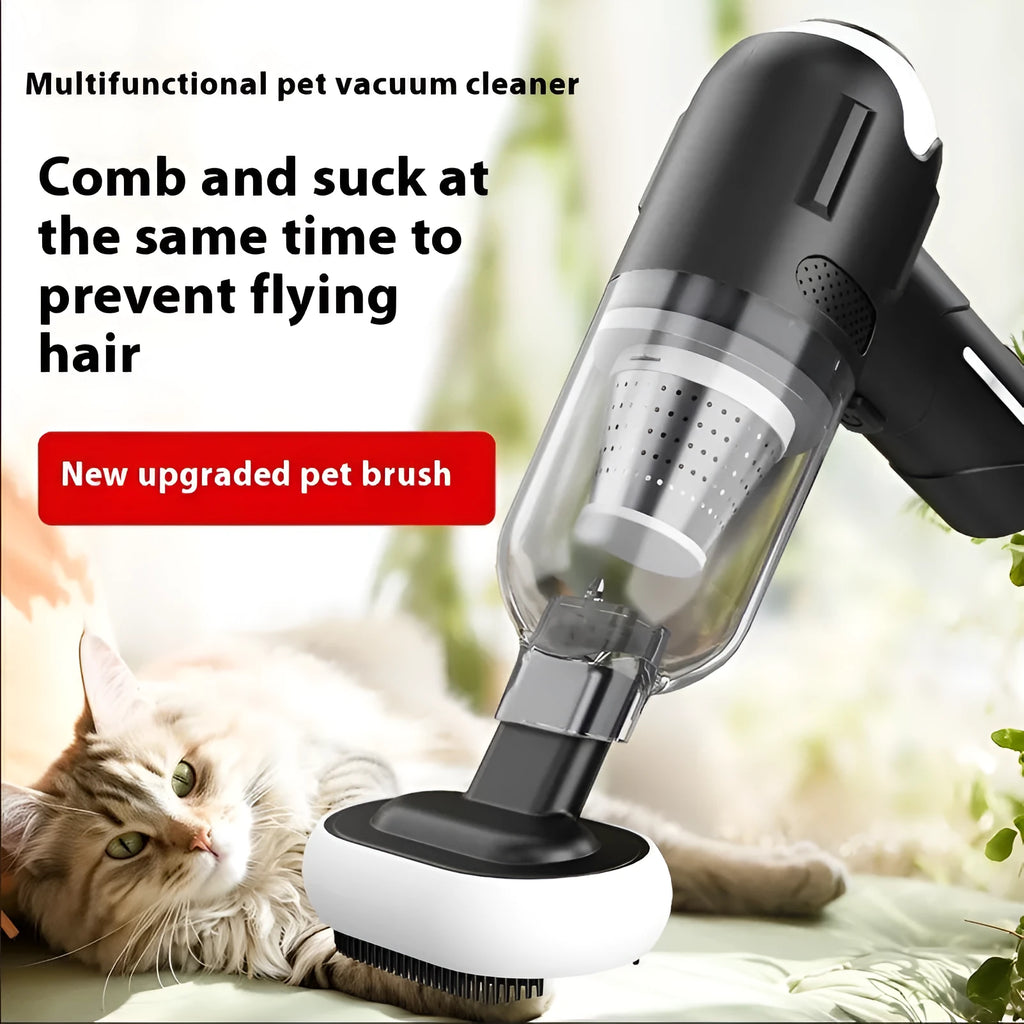 Handheld cordless pet vacuum cleaner with floor brush and nozzle attachments for removing cat and dog hair.