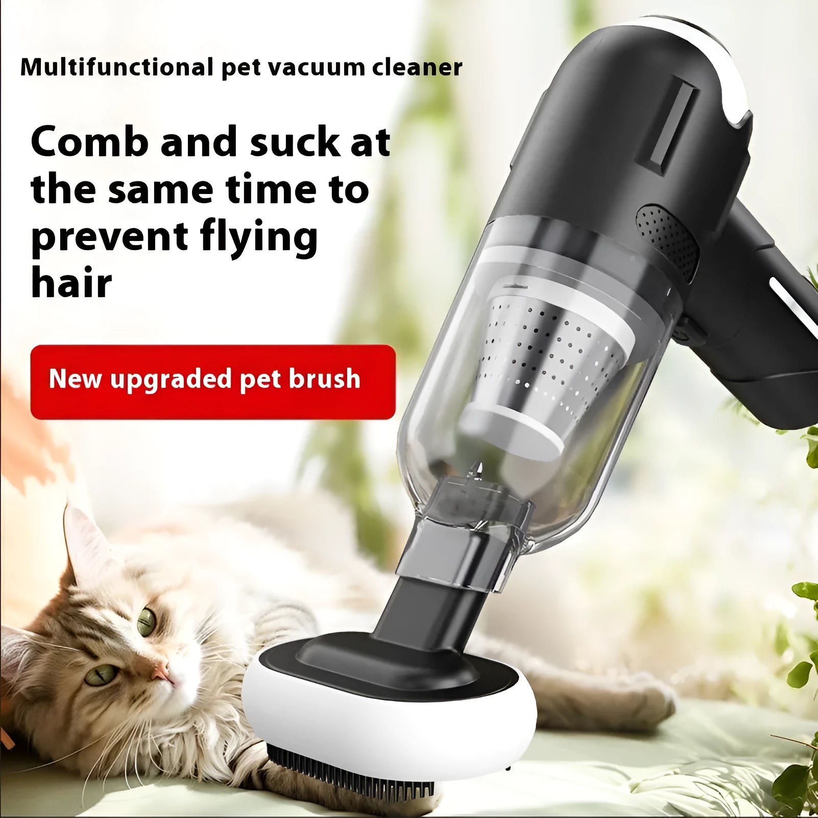 Handheld cordless pet vacuum cleaner with floor brush and nozzle attachments for removing cat and dog hair.