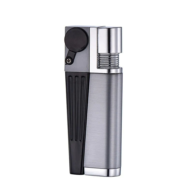 Foldable metal pipe lighter showing stash compartment and lighter mechanism in zinc alloy construction
