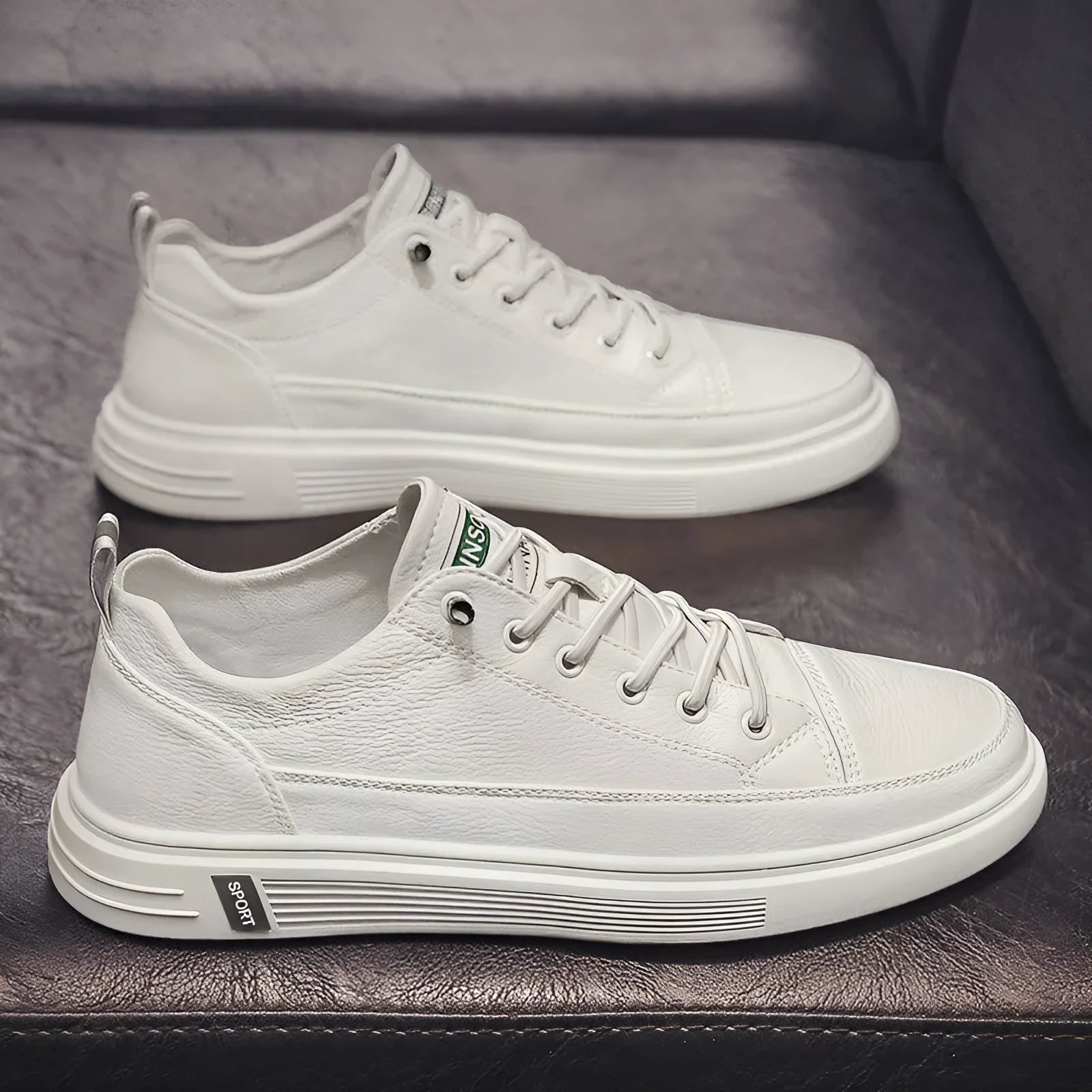 Men's low-heel casual trainers in beige, white, and black colours, showing round toe and Korean style.
