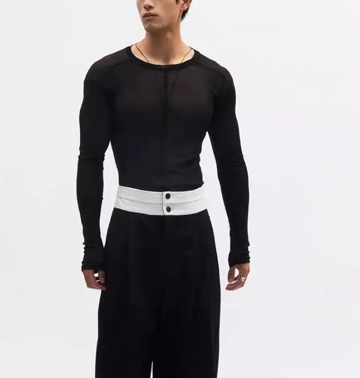 Black slim-fit long sleeve pullover top with mesh see-through texture.