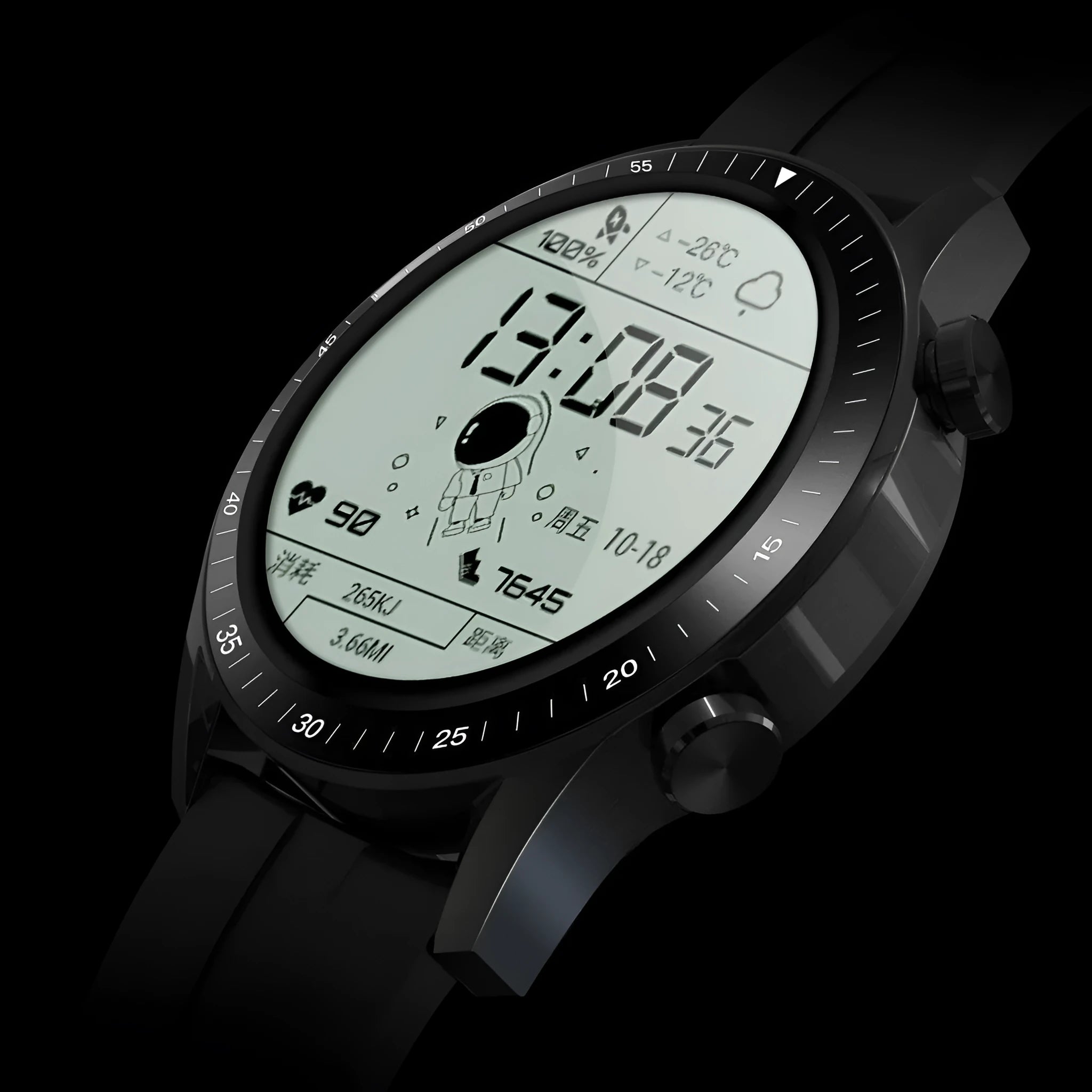 Round smartwatch with aluminium alloy case on wrist, showing touch screen displaying time and heart rate.