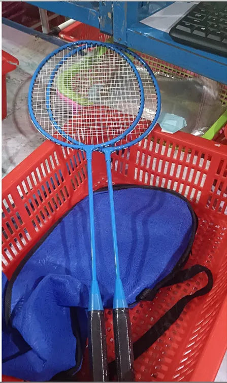 Blue and red alloy badminton rackets with split design in storage position