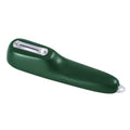 Green kitchen peeler with a stainless steel blade stored inside its transparent plastic tube.