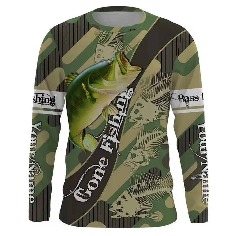 Men's fish printed long-sleeved pullover top in milk silk polyester fabric showing round neck design