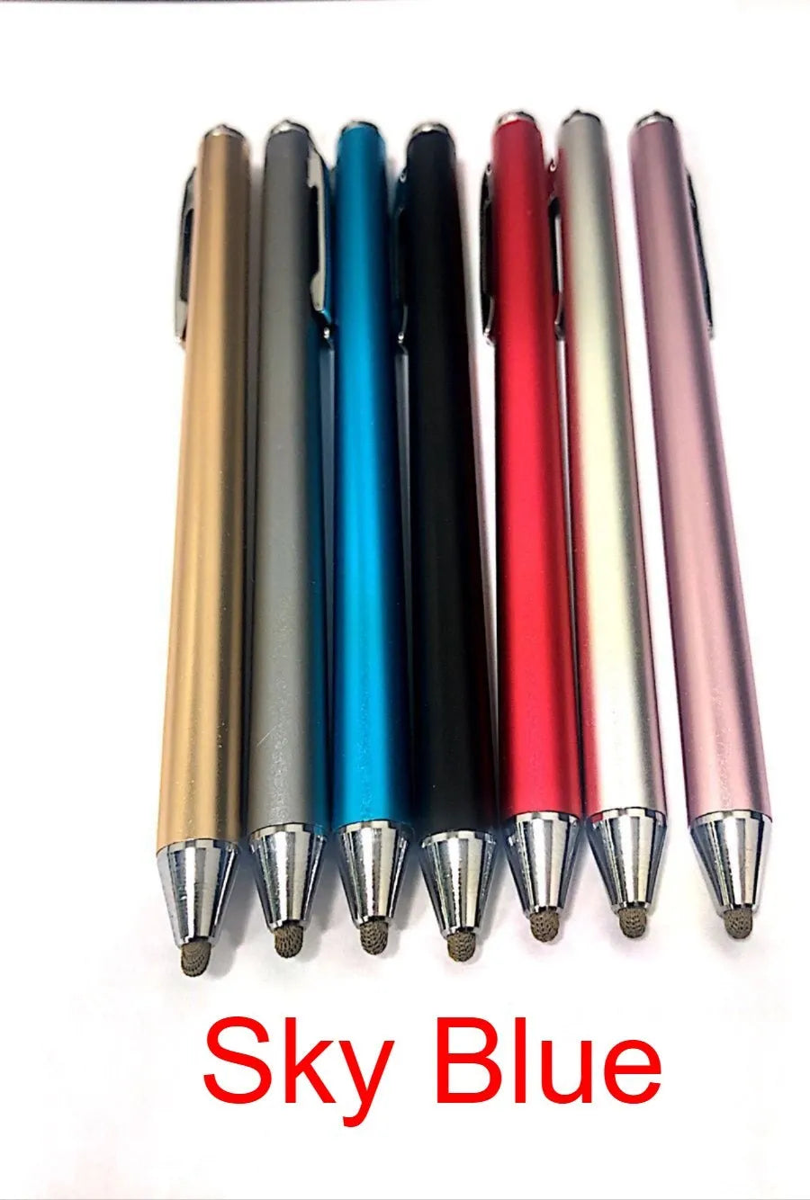 Fine tip metal stylus pen for touch screen tablets and smartphones in assorted colours.