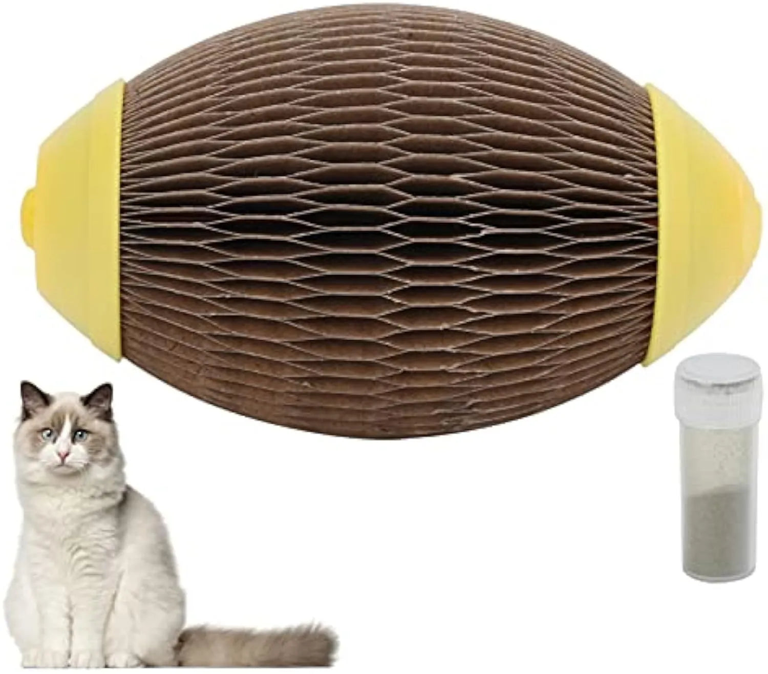 Elliptical corrugated paper catnip ball toy for scratching and play