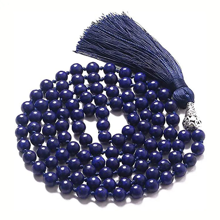 Geometric agate tassel necklace with multi-stone pattern showing Indian agate, turquoise, lapis lazuli, and amethyst beads