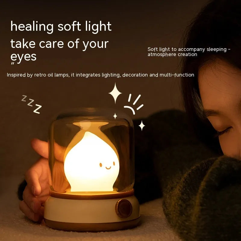 Retro oil lamp style USB rechargeable night light in green or yellow colour options