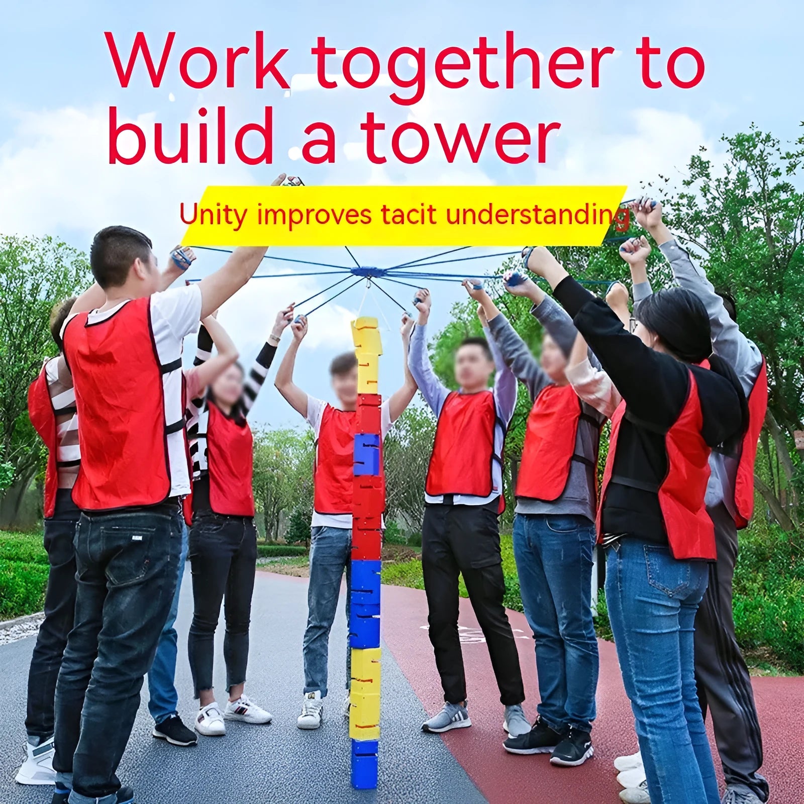 ABS plastic team building game equipment with pull ropes and interlocking tower blocks for group activities