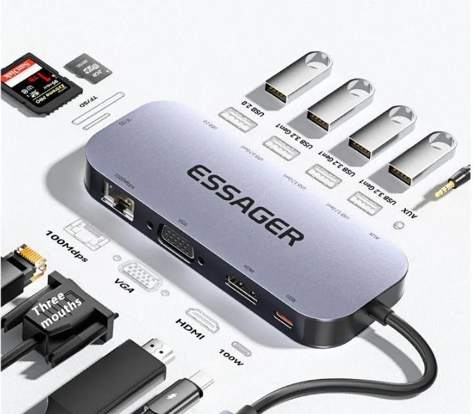 11-in-1 aluminium USB-C expansion dock with a 20cm cable, showing Ethernet, HDMI, USB, and card reader ports.