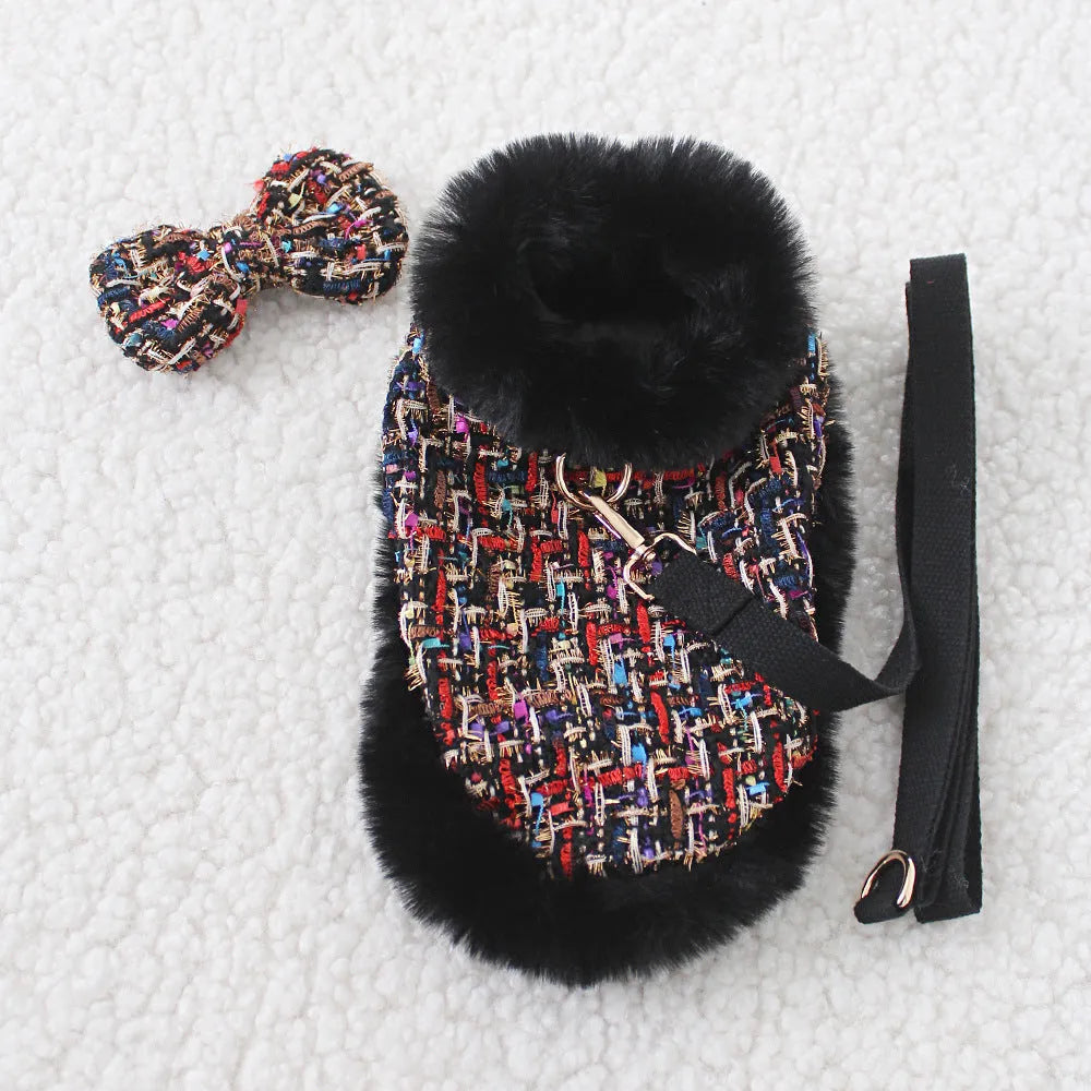 Classic style dog cloak with chest strap and matching hand holding rope in cloth material
