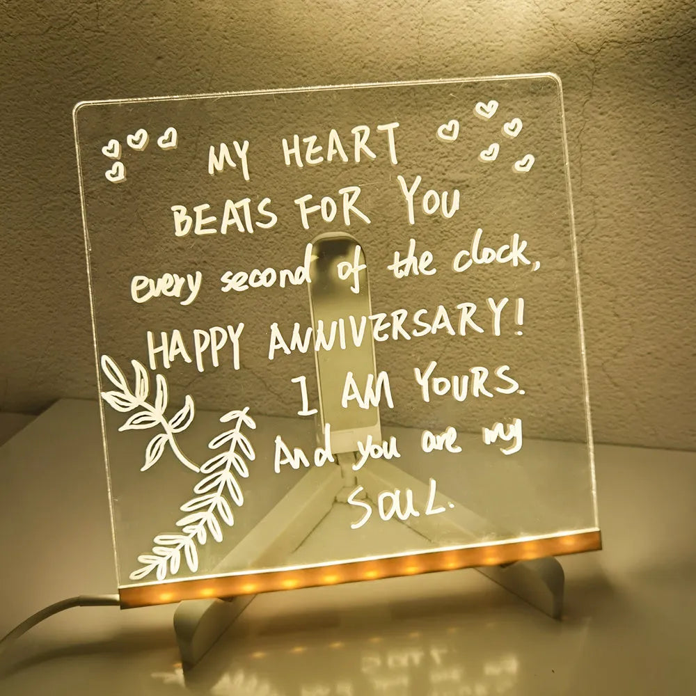 DIY transparent acrylic LED message board desk lamp with handwritten note and soft blue glow