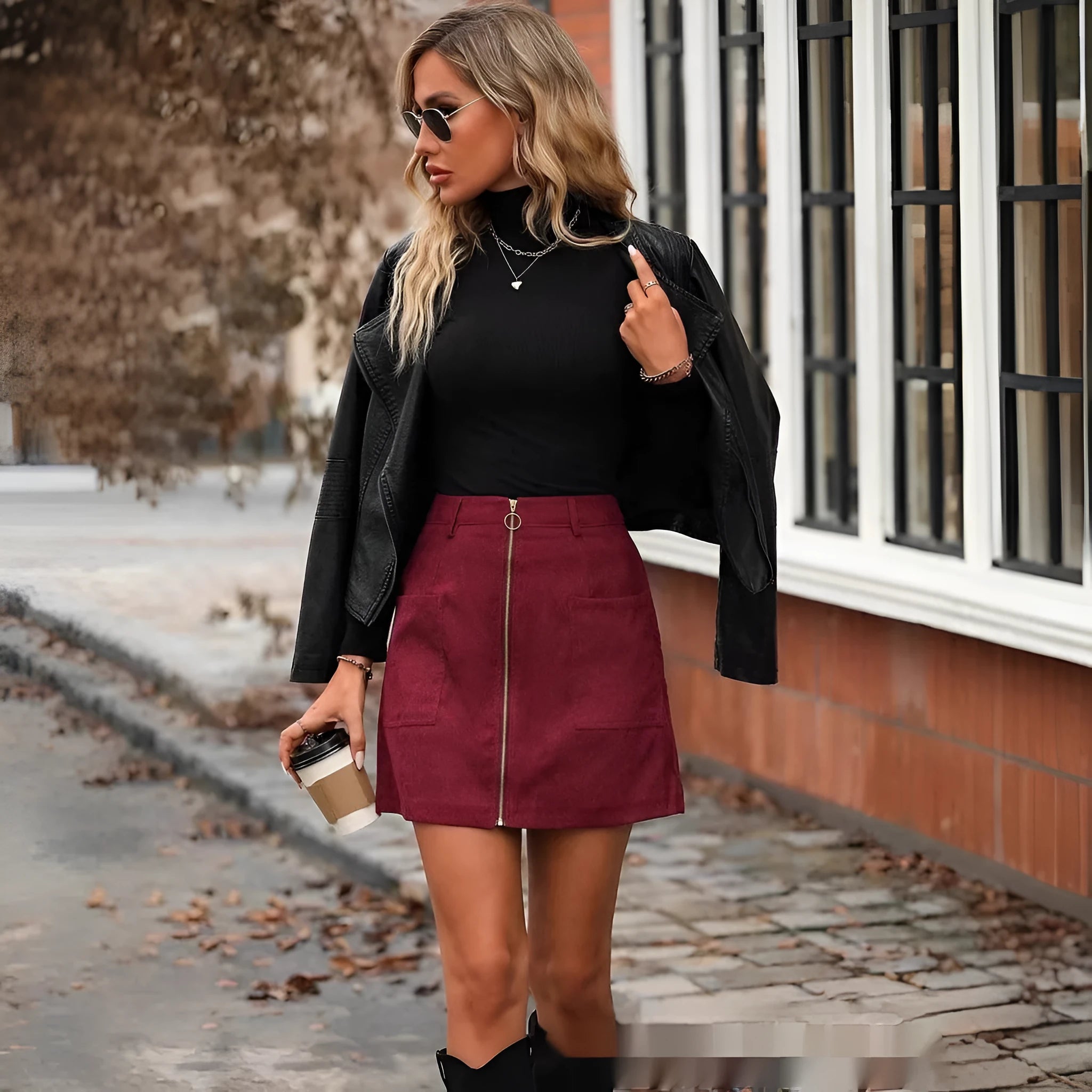 Women's high waist short skirt with stitching detail and front zipper in black, camel, brick red, or dark green.