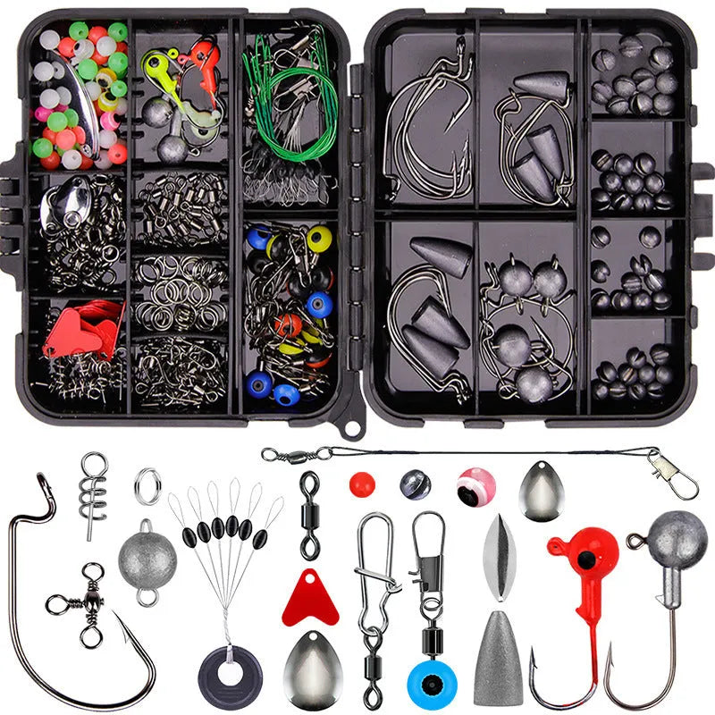 Weihe orange and black boxes containing 257 pieces of fishing lure hooks and accessories