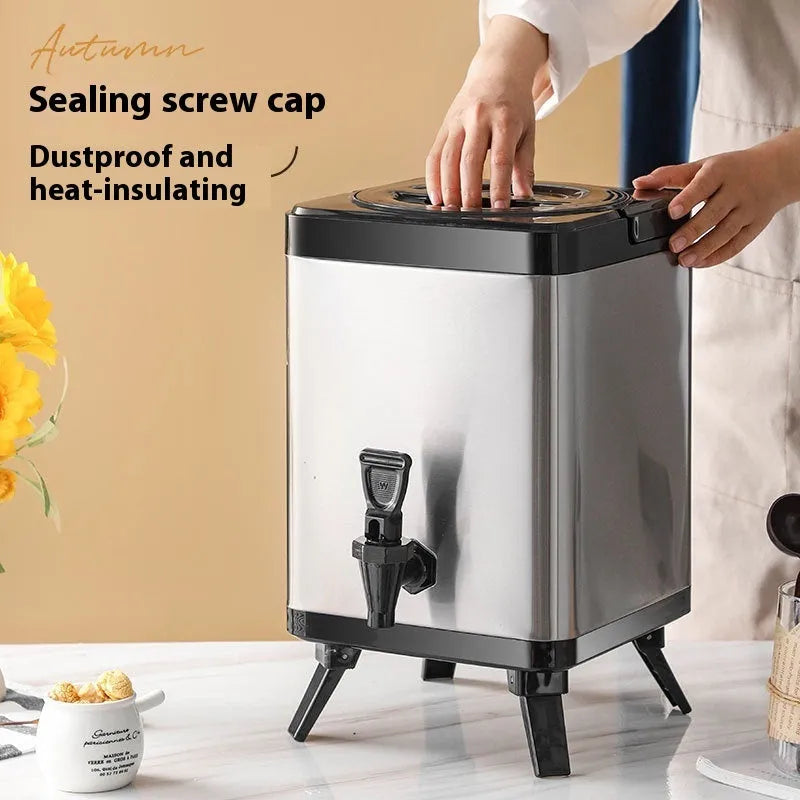 Silver stainless steel milk tea bucket with square-lock lid, 8-litre capacity.
