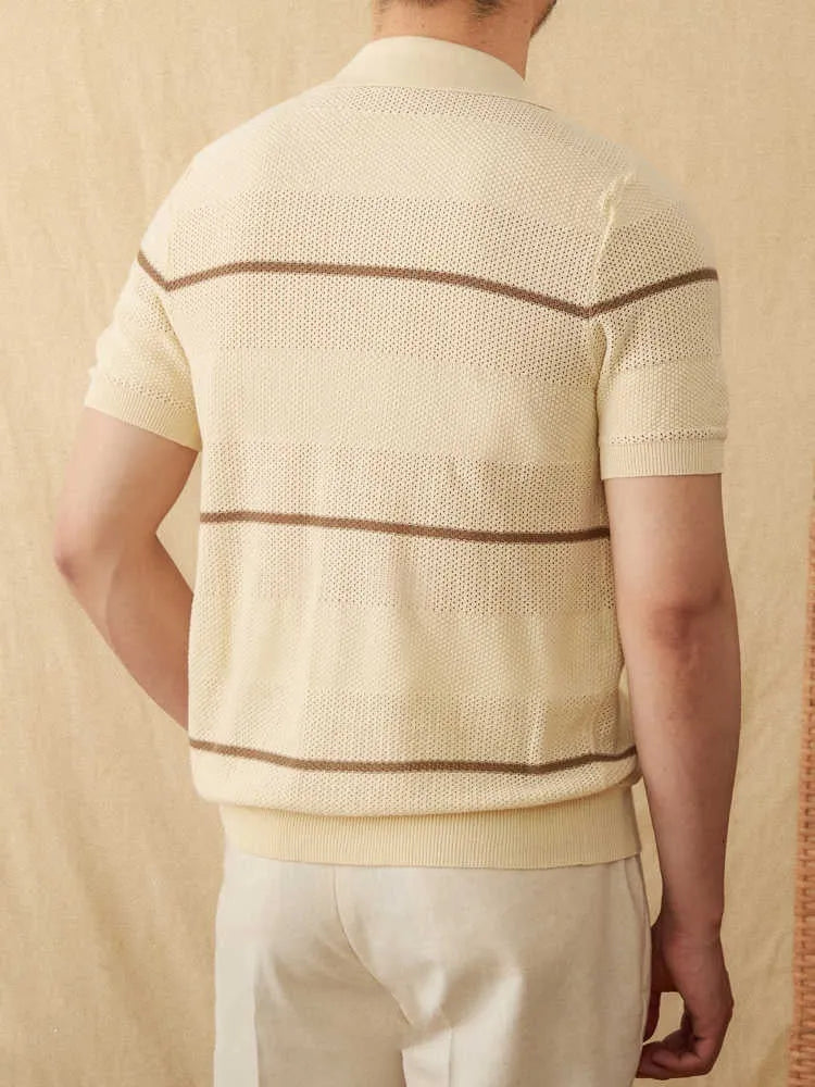 Camel coloured linen cotton blend short sleeve cardigan with lapel collar on hanger