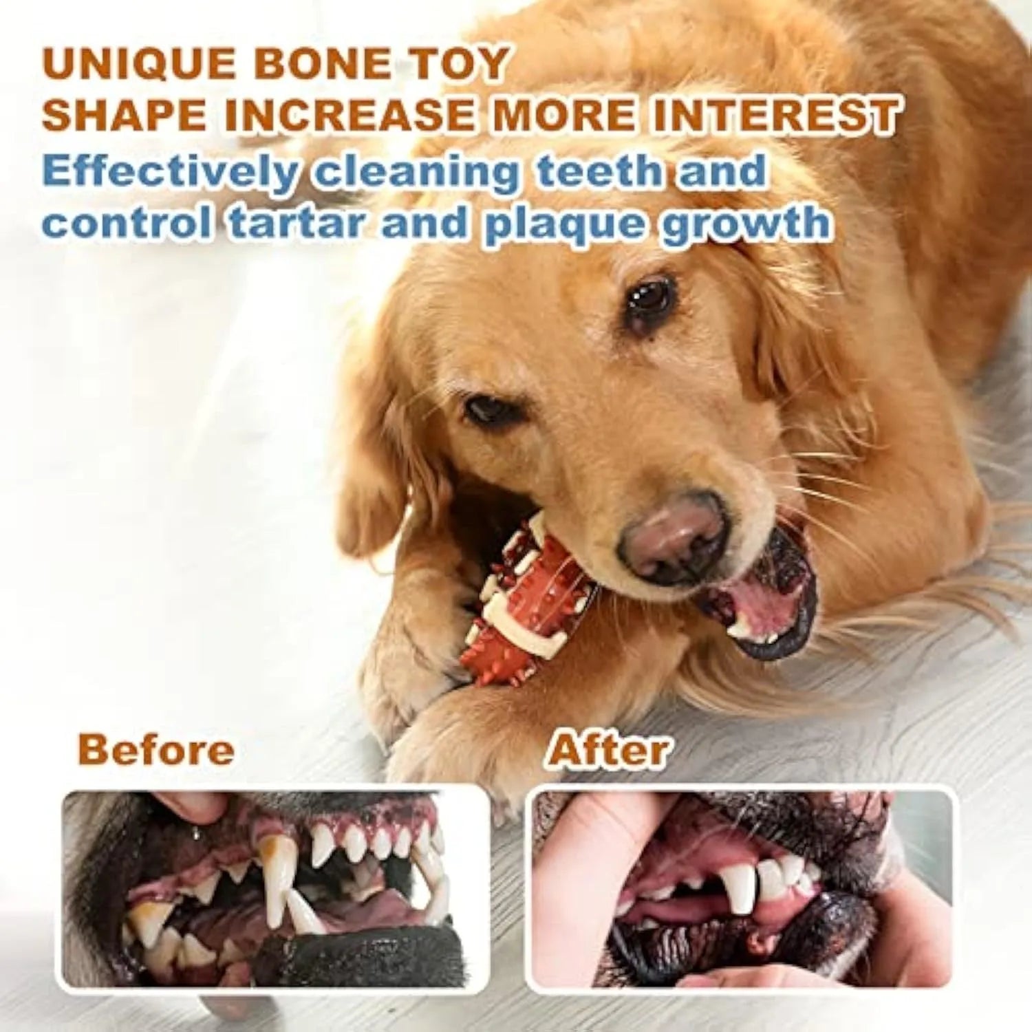 Natural rubber bone-shaped dog chew toy for teeth grinding, shown in large and small sizes.