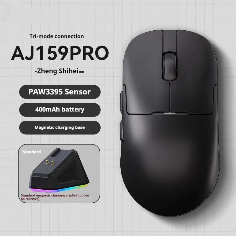 AJ159 tri-mode gaming mouse in various colours showing compact design with PAW3395 sensor
