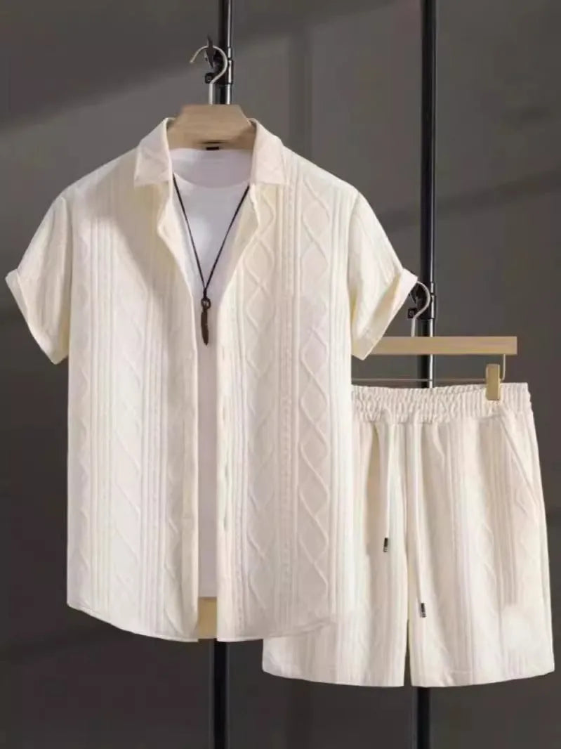 Short sleeve jacquard suit set with shorts in solid colour on a hanger