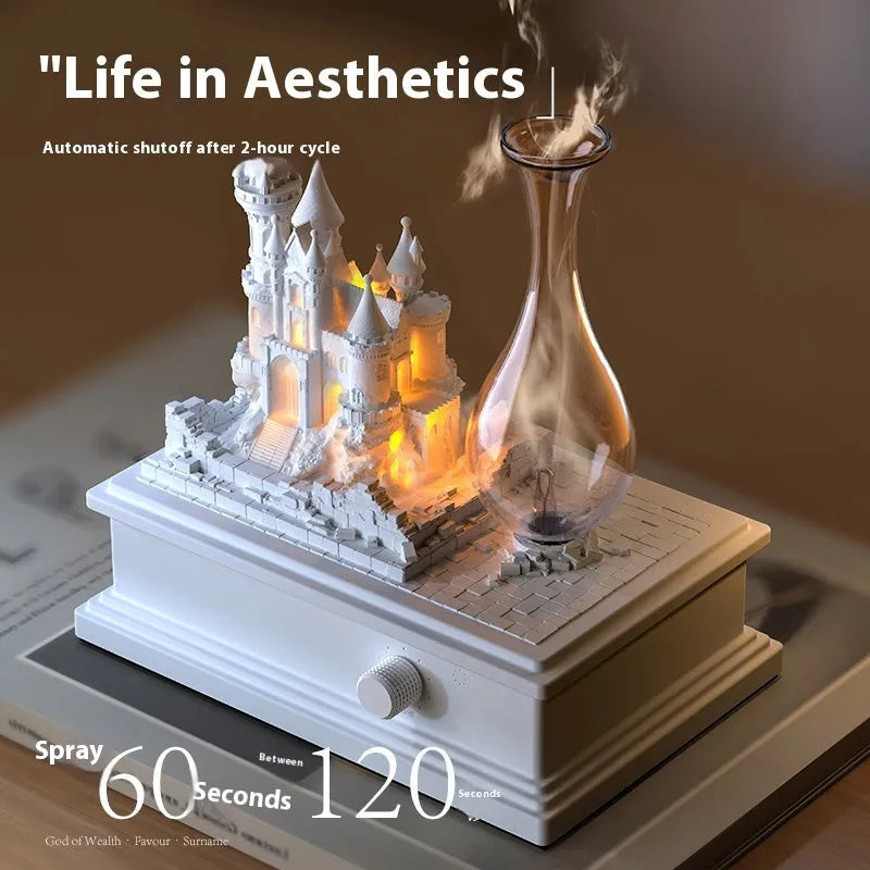 White medieval castle-shaped waterless cold fragrance diffuser with ambient lighting on a table.