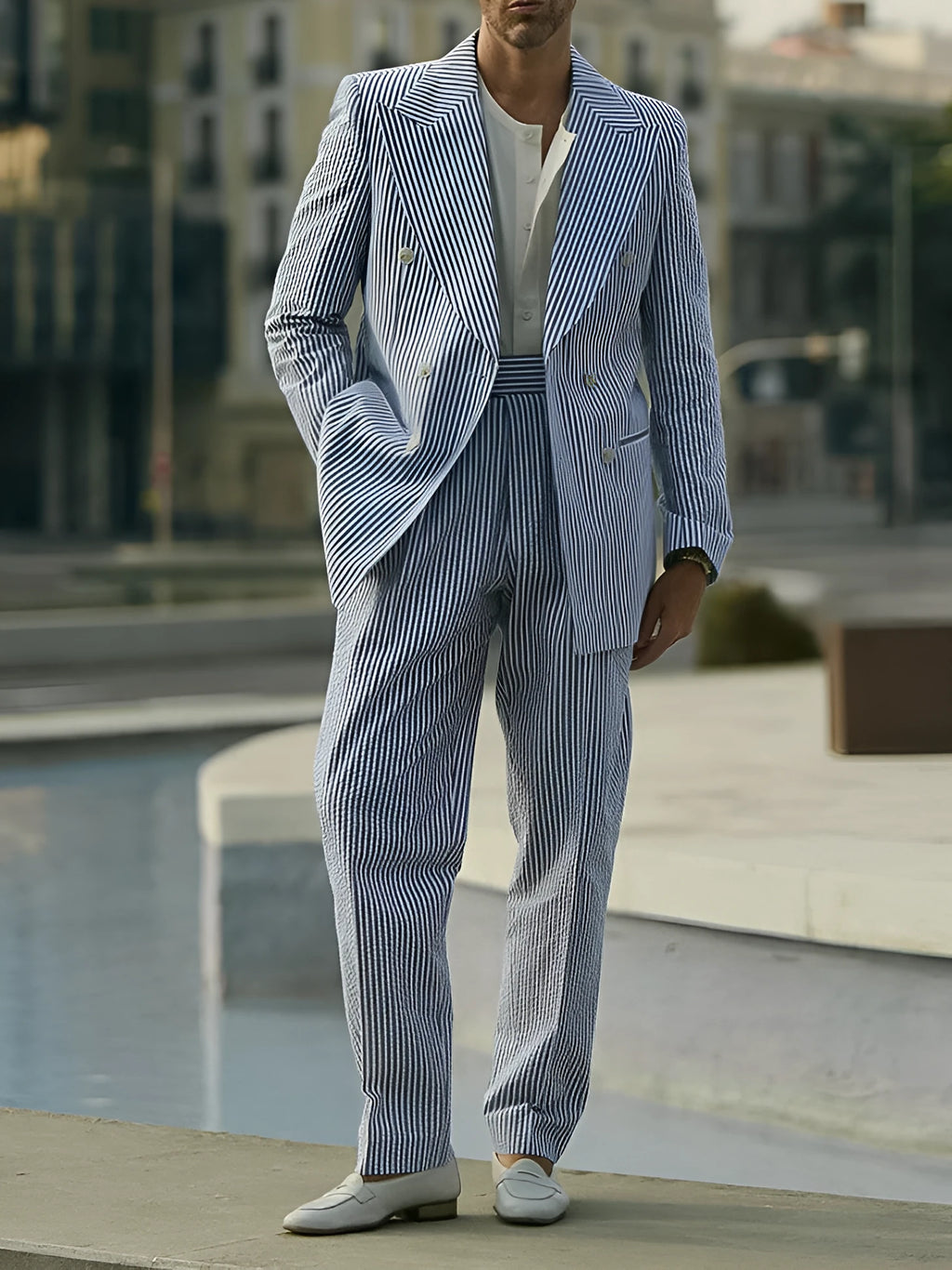 Blue and white striped men's polyester suit set with blazer and trousers
