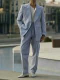 Blue and white striped men's polyester suit set with blazer and trousers