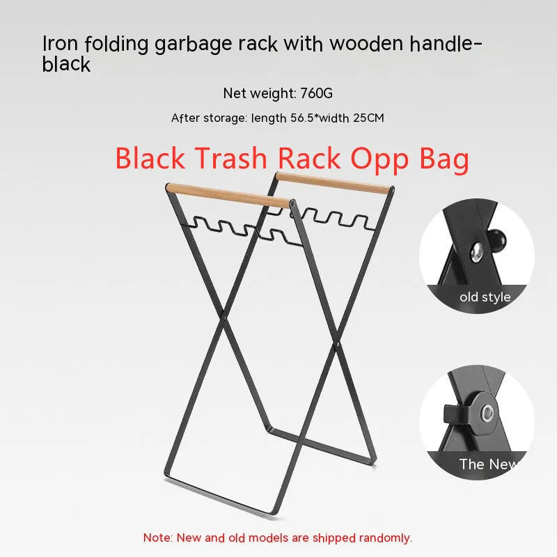 Outdoor iron folding trash rack with wooden handle holding rubbish sack