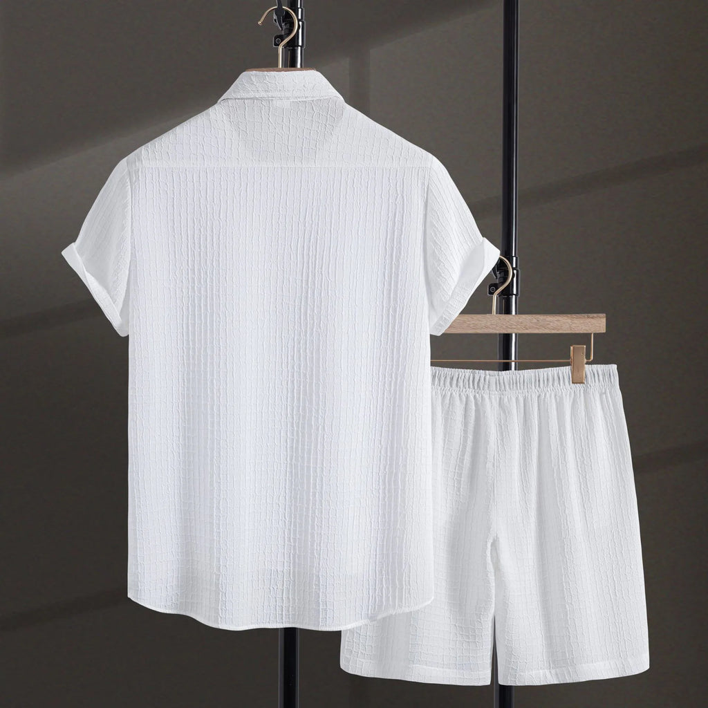 Men's white jacquard short sleeve shirt and shorts casual suit set on hanger