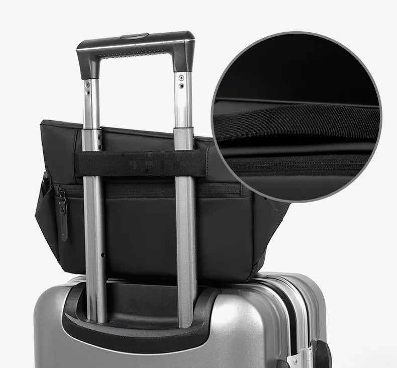 Grey PU leather men's crossbody sling backpack showing front zipper and shoulder strap.