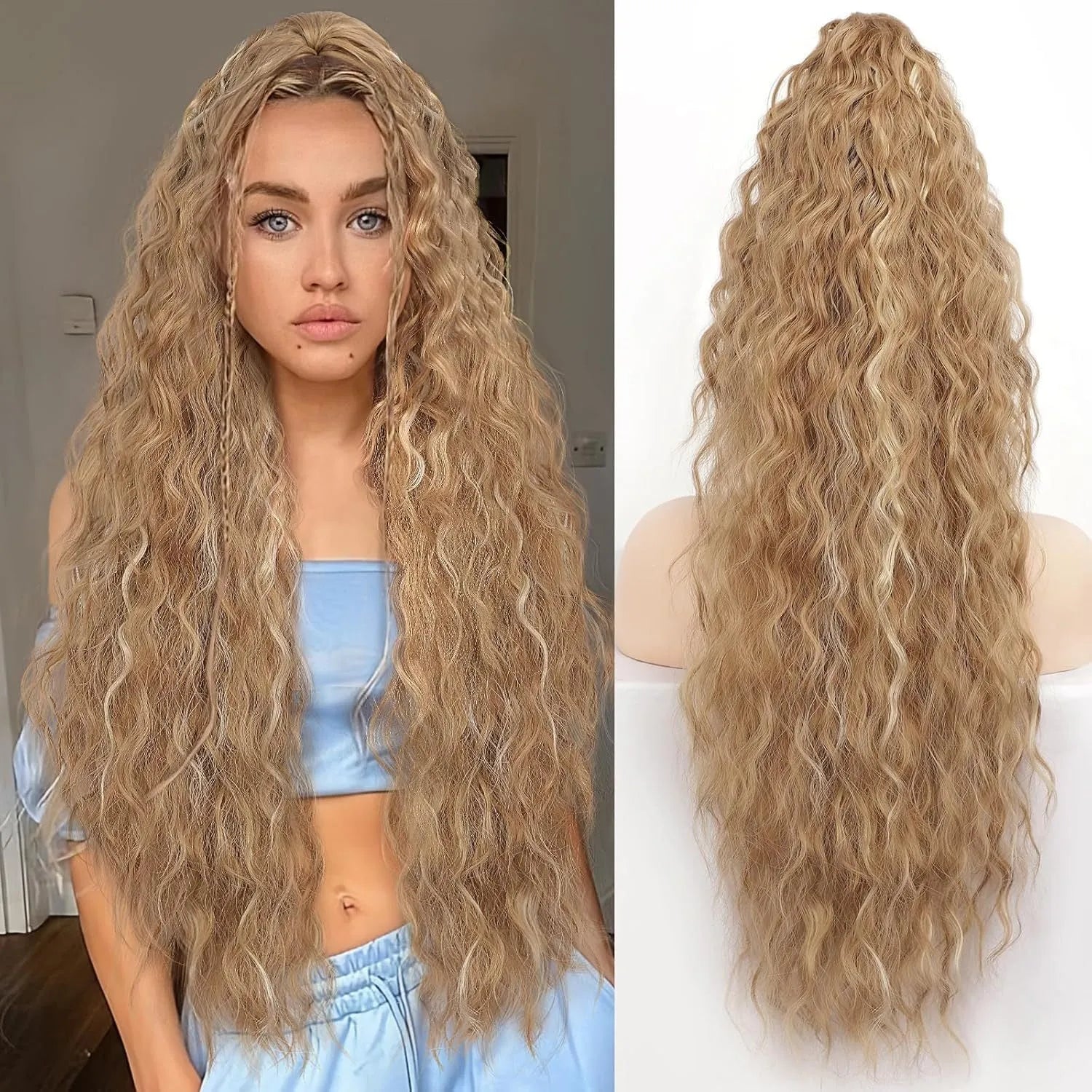 Long 30-inch curly ponytail wig in high temperature fibre for costume and cosplay.