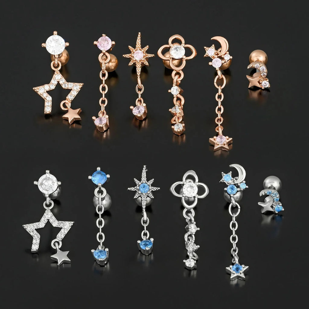 Star moon cubic zirconia pendant cartilage earring chain hoop in copper with gold finish