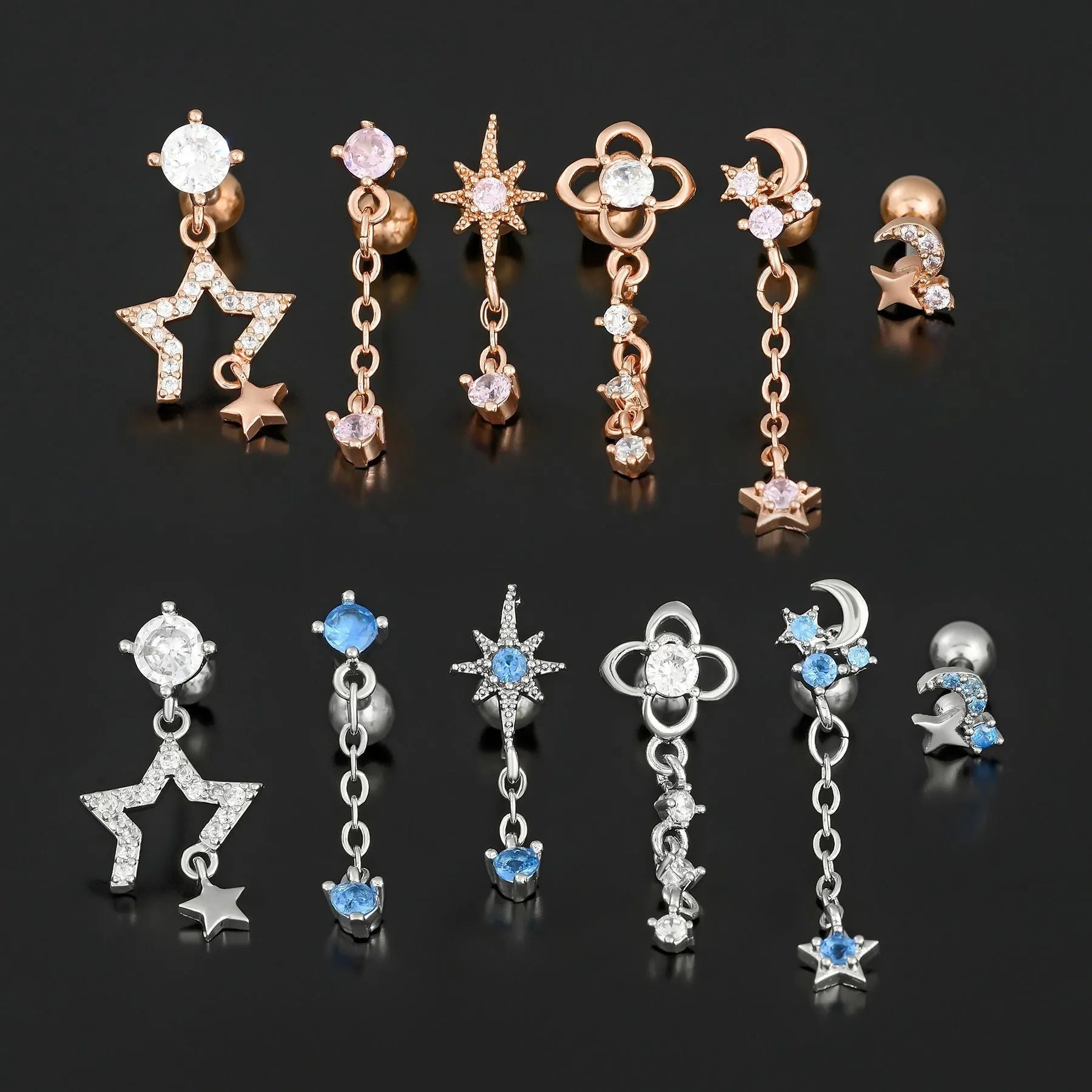 Star moon cubic zirconia pendant cartilage earring chain hoop in copper with gold finish