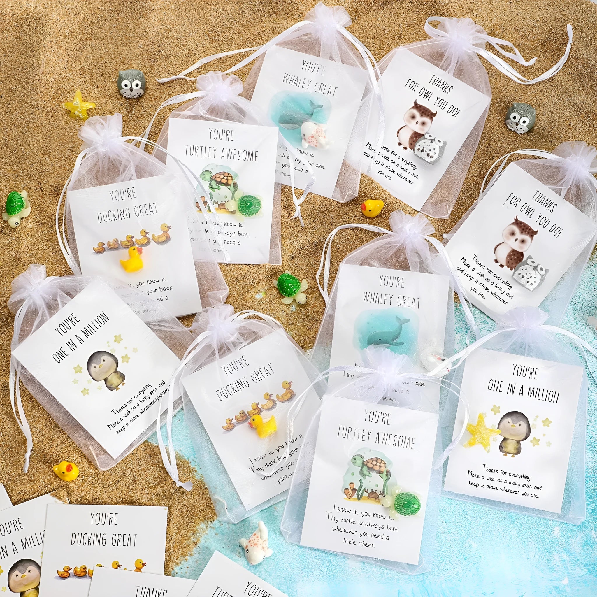 Set of resin memo cards with inspirational pun text, shown in various pack size options.