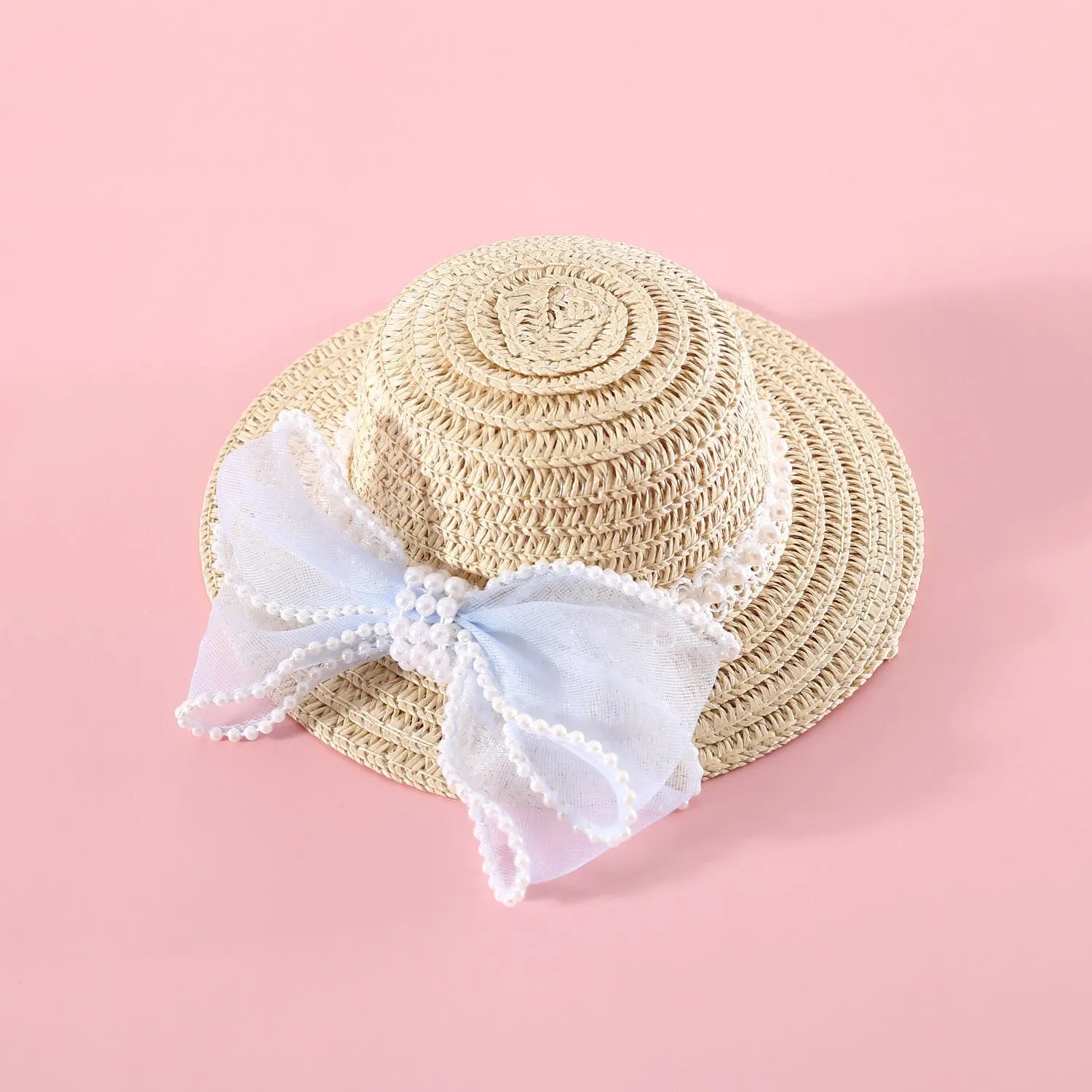 Princess-style woven cat hat with pearl butterfly bow in blue, pink, purple, or white on Lafite leaves.