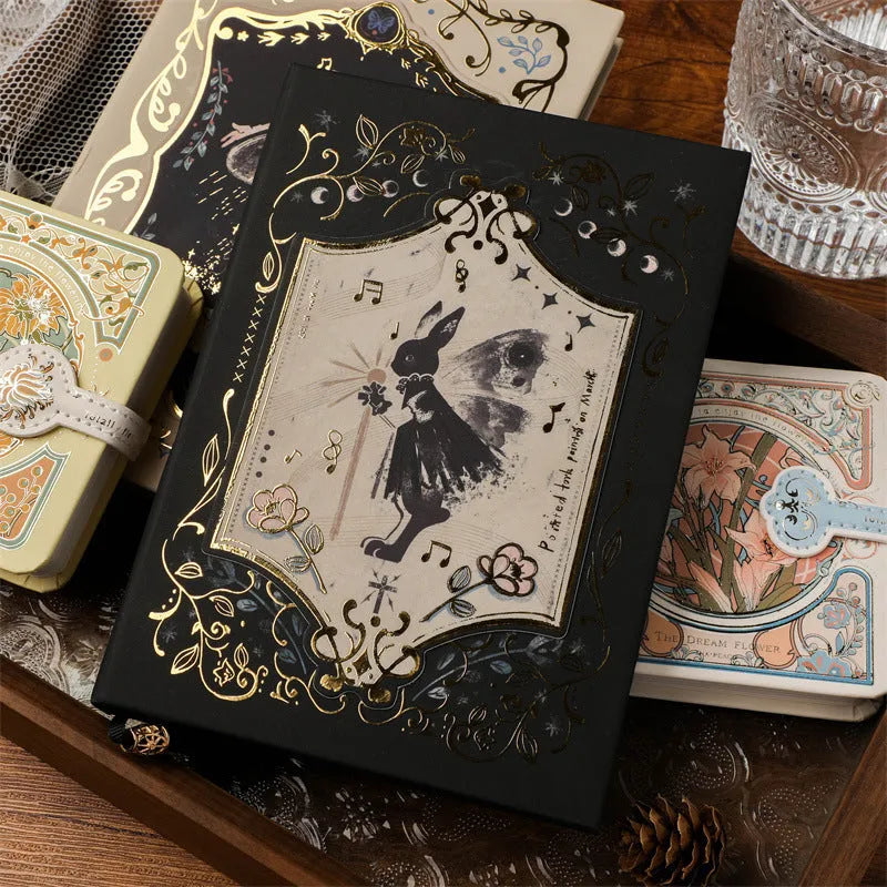 THALO Gothic style A5 retro art notebook showing one of three cover colour options: rabbit maze, forest, or red fruit design.