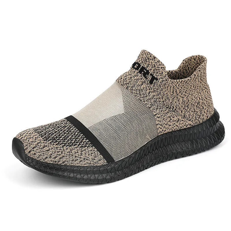 Breathable Flyknit running sock shoes in khaki colour with lace closure and MD sole