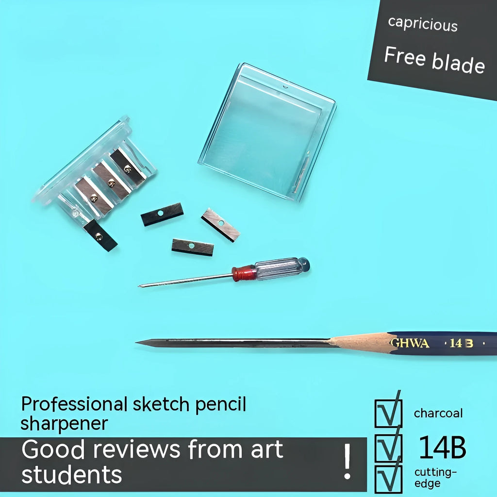 Geometric plastic pencil sharpener with four holes, four blades, and an integrated screwdriver.