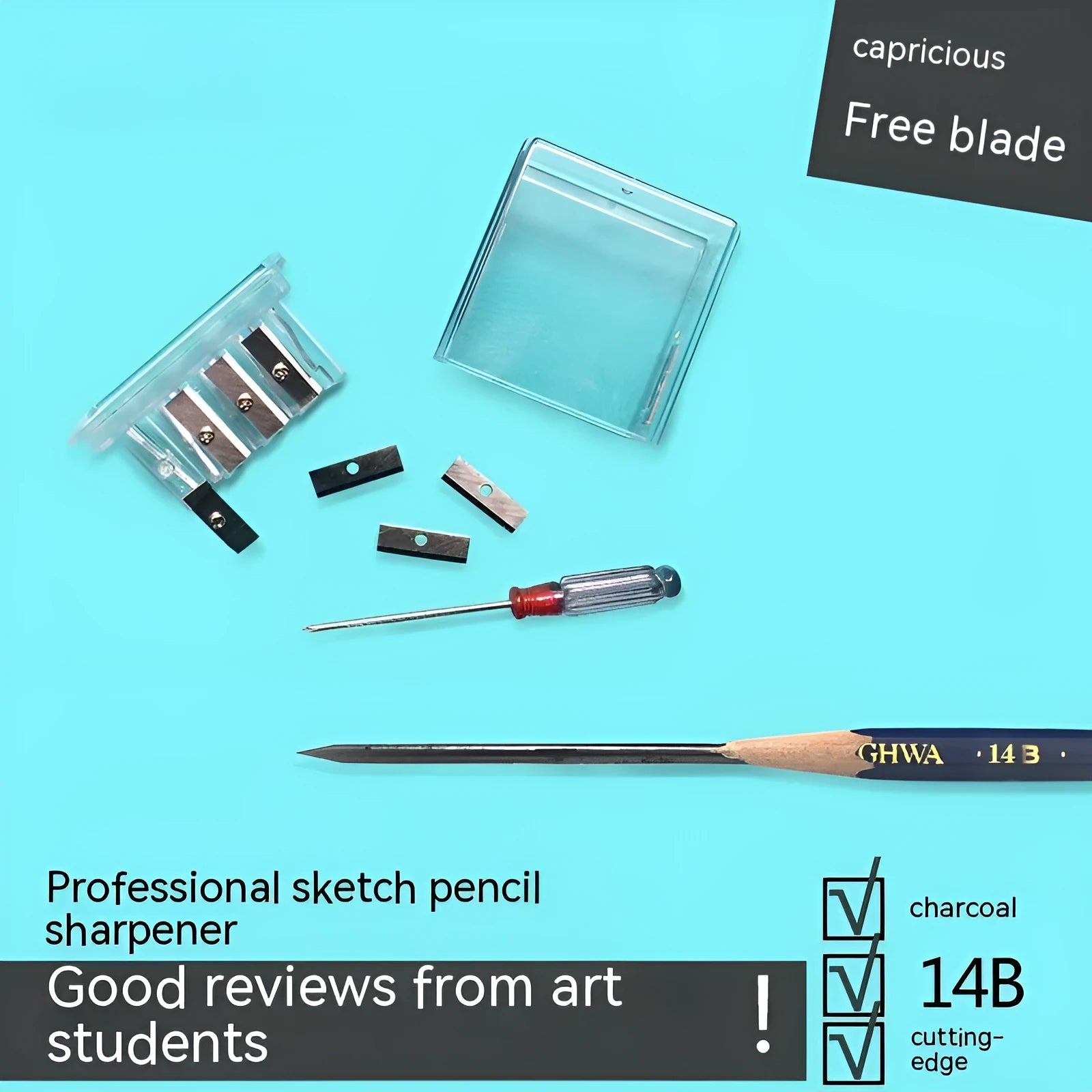 Geometric plastic pencil sharpener with four holes, four blades, and an integrated screwdriver.