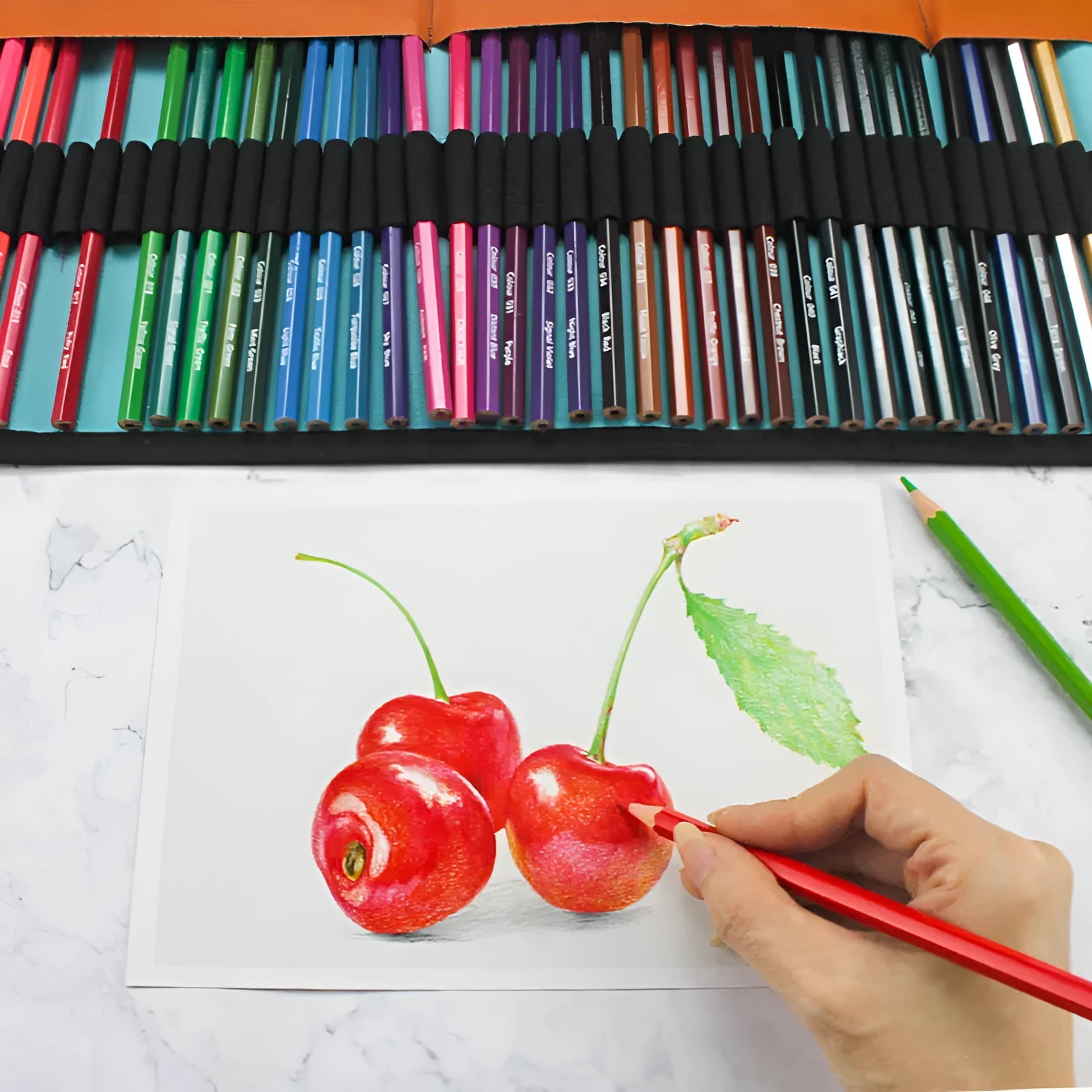 Wooden case open to show 50 coloured pencils for oily painting, made from basswood.