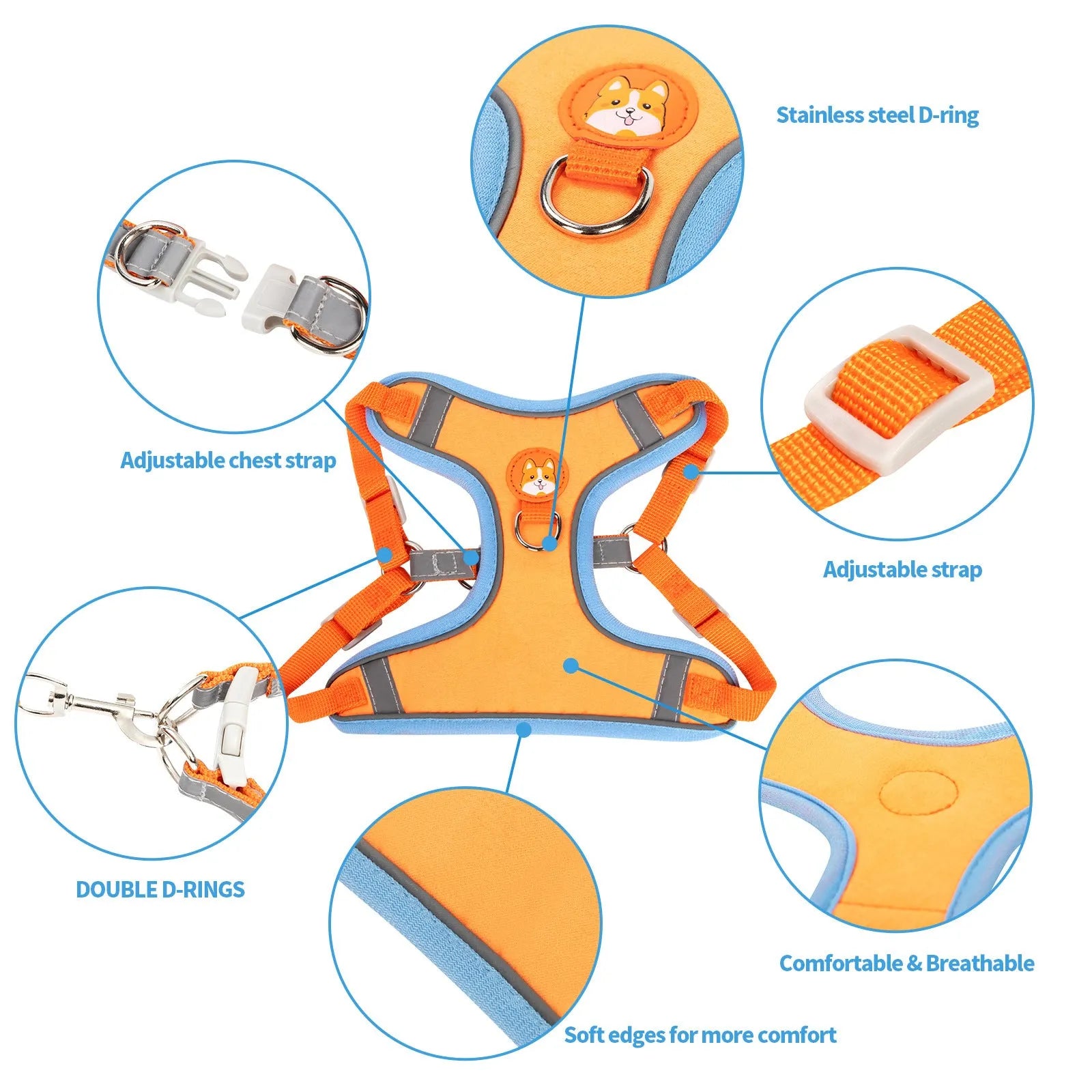 Adjustable dog harness with haulage rope and anti-breaking vest in multiple colours
