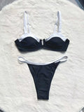 Black low waist bikini swimsuit for women with stitching split details on briefs-style bottoms